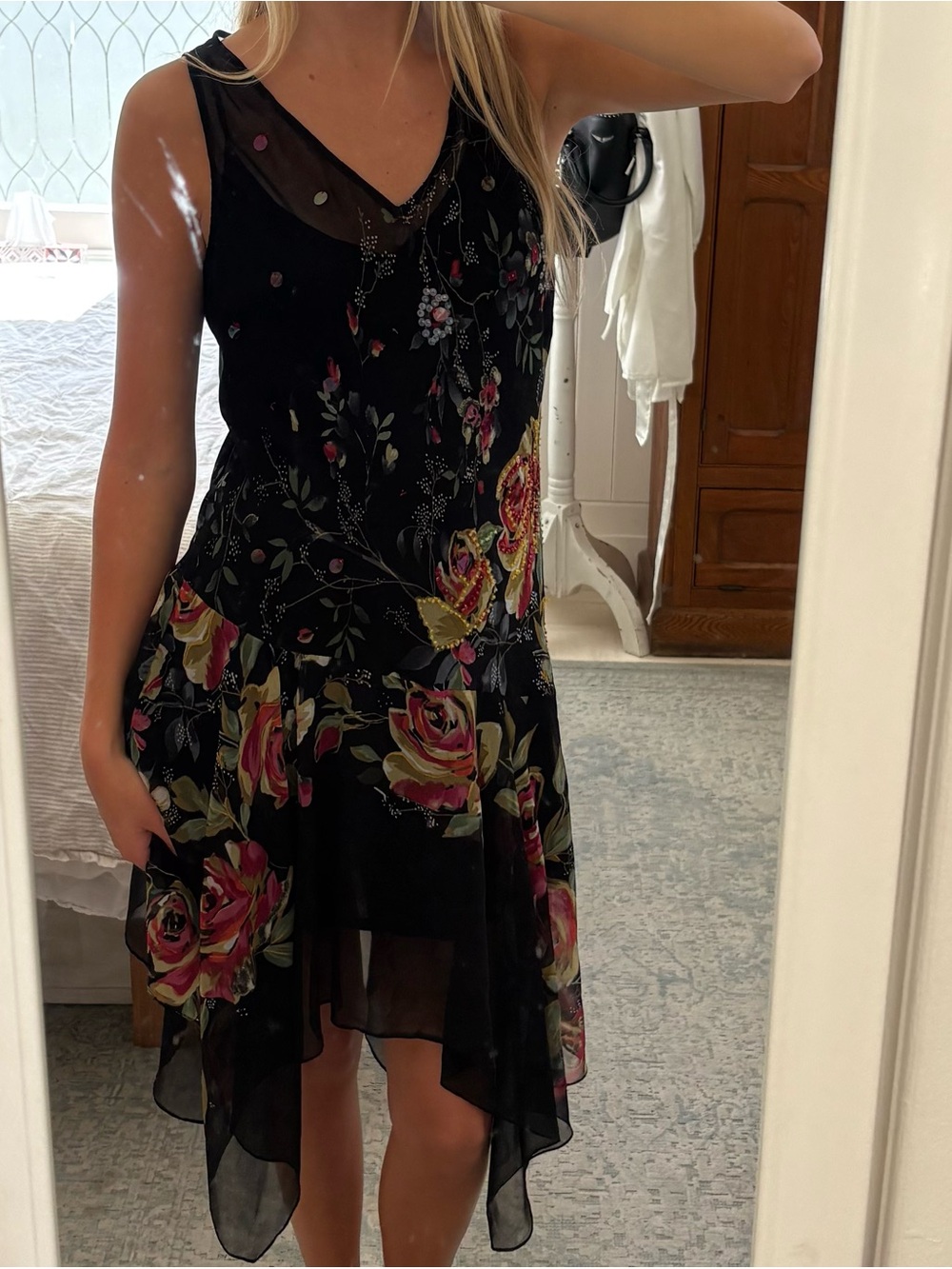 vintage Black Floral V-Neck sequin Dress
